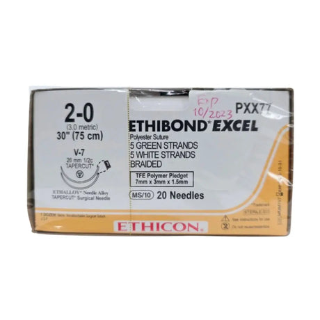 Ethicon PXX77 2-0 Ethibond Excel Grn/wht 10x30" V-7 Double Armed Firm Pledget 7mm x 3mm x 1.5mm Box of 12 Ethicon