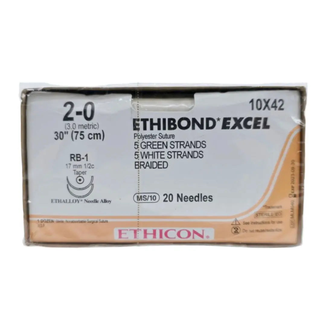 Ethicon 10X42 2-0 Ethibond Grn/wht 10x30" RB-1 Double Armed Box of 12 Ethicon