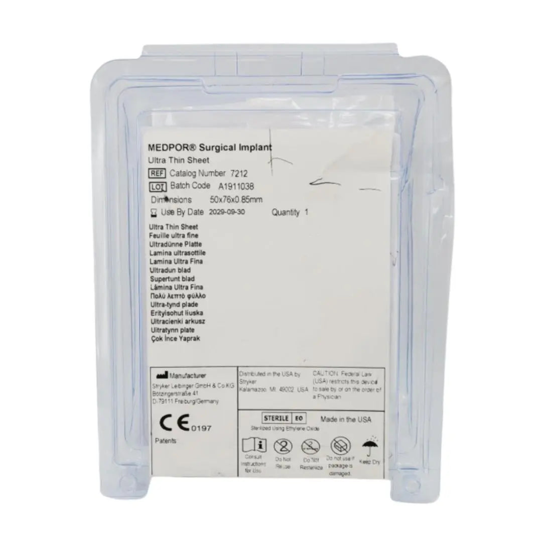 Stryker 7212 MEDPOR Surgical Implant Ultra Thin Sheet 50mm x 76mm x 0.85mm Stryker
