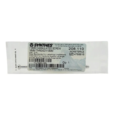 Synthes 208.110 7.0mm Cannulated Screw 16mm Thread 110mm Synthes