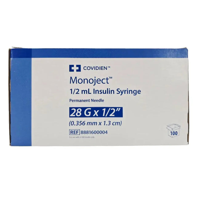 Covidien 8881600004 Monoject 1/2mL Insulin Syringe Permanent Needle 28G x 1/2" BX/100 Covidien
