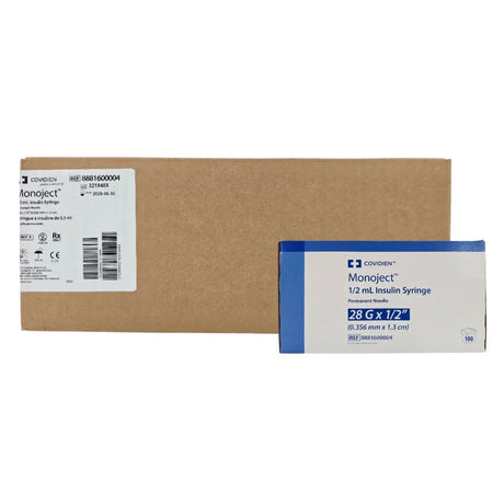 Covidien 8881600004 Monoject 1/2mL Insulin Syringe Permanent Needle 28G x 1/2" CS/300 Covidien