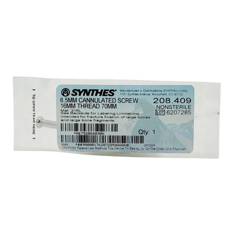 Synthes 208.409 6.5MM CANNULATED SCREW 16MM THREAD 70MM Synthes