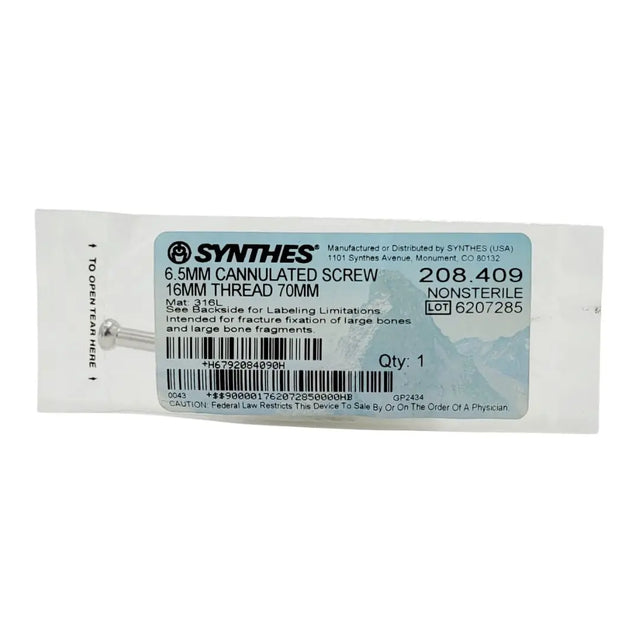 Synthes 208.409 6.5MM CANNULATED SCREW 16MM THREAD 70MM Synthes