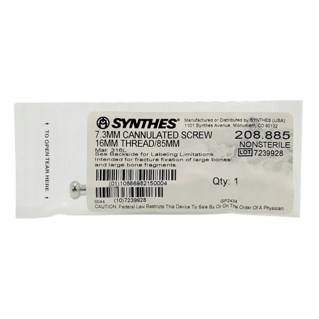 Synthes 208.885 7.3MM CANNULATED SCREW 16MM THREAD/85MM Synthes