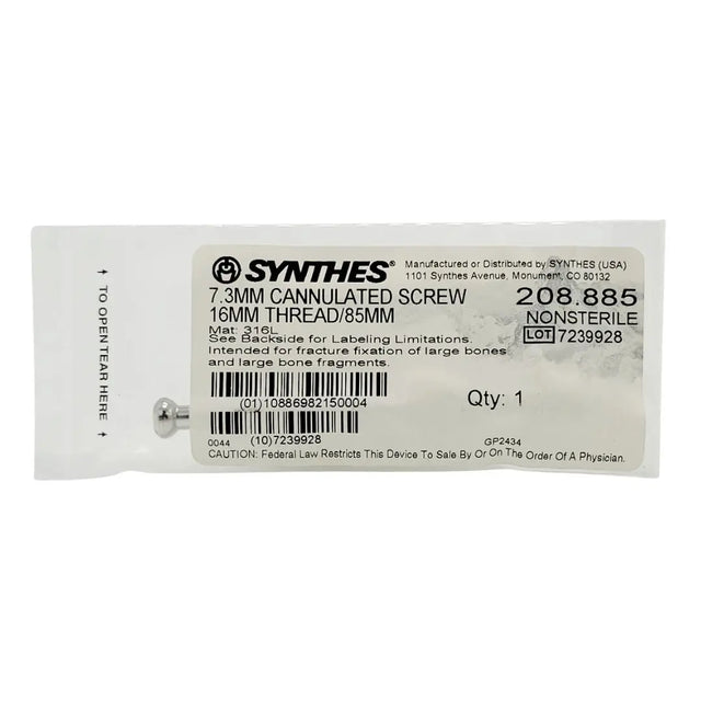 Synthes 208.885 7.3MM CANNULATED SCREW 16MM THREAD/85MM Synthes