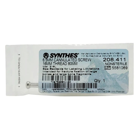 Synthes 208.411 6.5MM CANNULATED SCREW 16MM THREAD 80MM Synthes