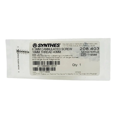 Synthes 208.403 6.5mm Cannulated Screw 16mm Thread 40mm Synthes