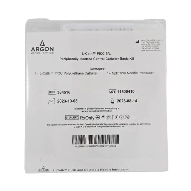 Argon 384516 L-Cath PICC S/L Peripherally Inserted Central Catheter Basic Kit 28ga (1.2F) x 25cm 1 Lumen Argon Medical