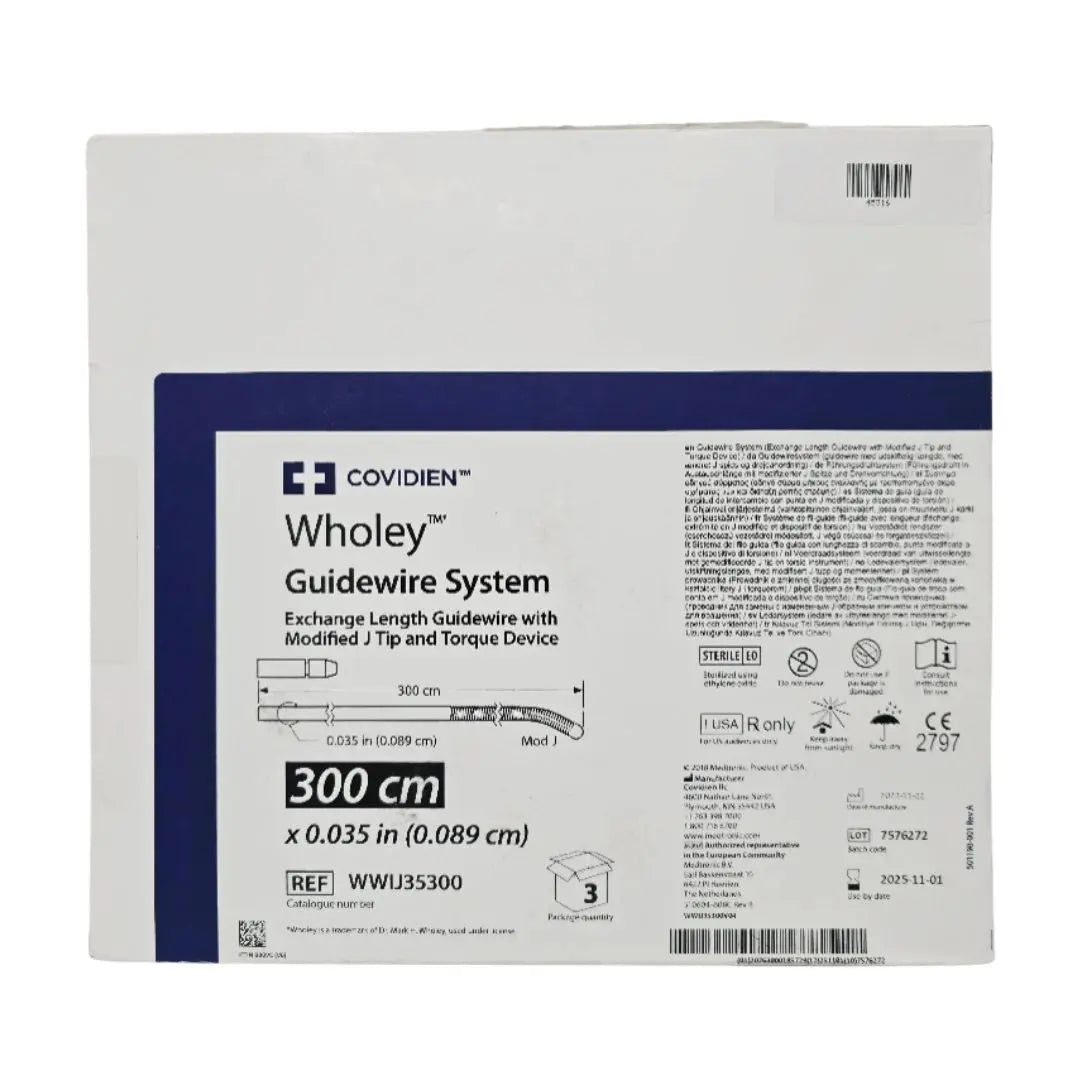 Covidien WWIJ35300 Wholey Guidewire System 300cm x 0.035" Exchange Length Guidewire w/ Modified J Tip and Torque Device BX/3 Covidien
