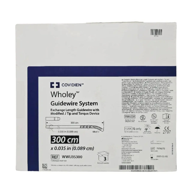 Covidien WWIJ35300 Wholey Guidewire System 300cm x 0.035" Exchange Length Guidewire w/ Modified J Tip and Torque Device BX/3 Covidien