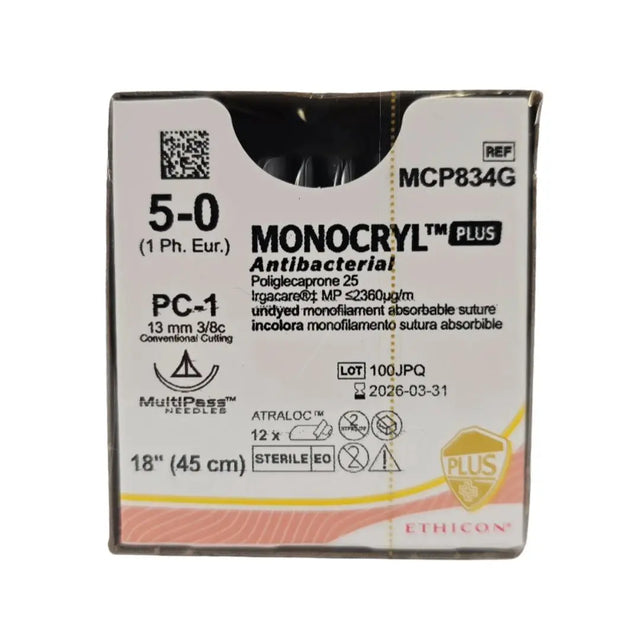 Ethicon MCP834G 5-0 MONOCRYL Plus Antibacterial 1X18" PC-1 Box of 12 Ethicon