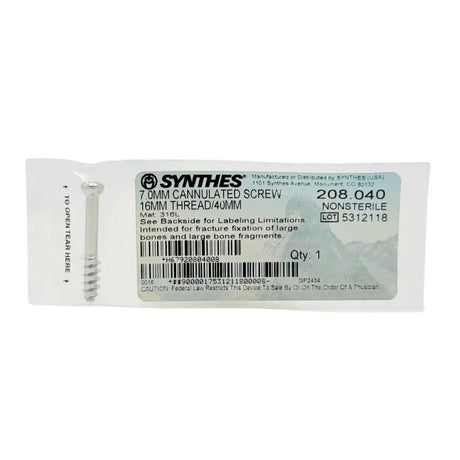 Synthes 208.040 7.0mm Cannulated Screw 16mm Thread 40mm Synthes