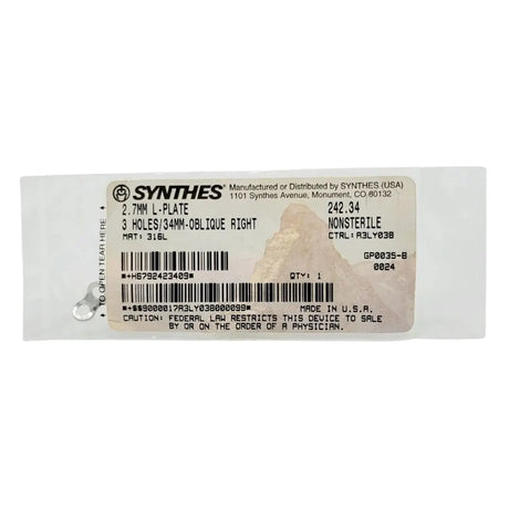 Synthes 242.34 2.7mm L-plate 3 Holes/34mm-oblique Right Synthes