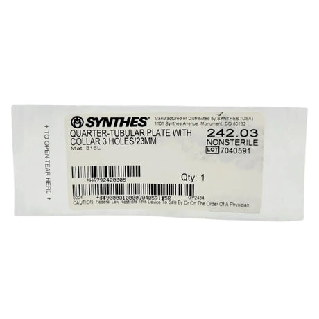 Synthes 242.03 Quarter-tubular Plate With Collar 3 Holes/23mm Synthes