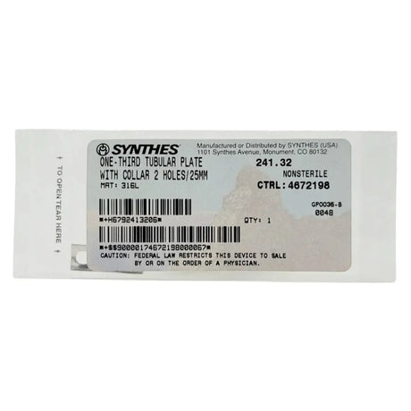 Synthes 241.32 One-third Tubular Plate With Collar 2 Holes/25mm Synthes