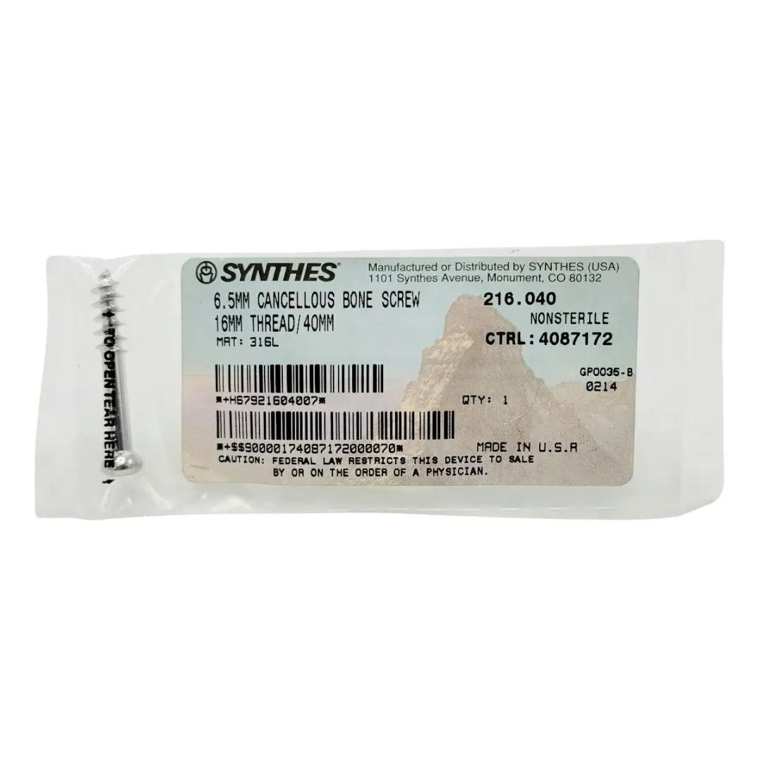 Synthes 216.040 6.5mm Cancellous Bone Screw 16mm Thread/40mm Synthes