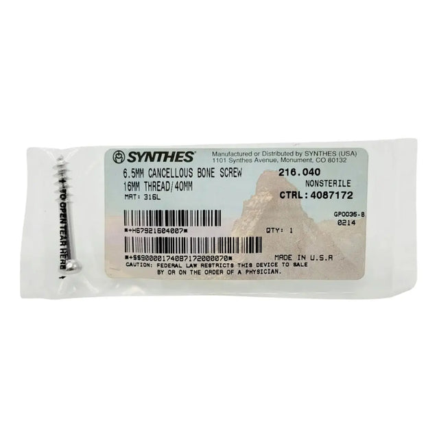 Synthes 216.040 6.5mm Cancellous Bone Screw 16mm Thread/40mm Synthes