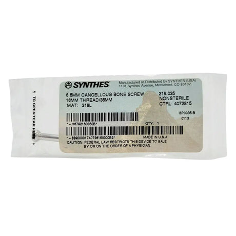 Synthes 216.035 6.5mm Cancellous Bone Screw 16mm Thread/35mm Synthes