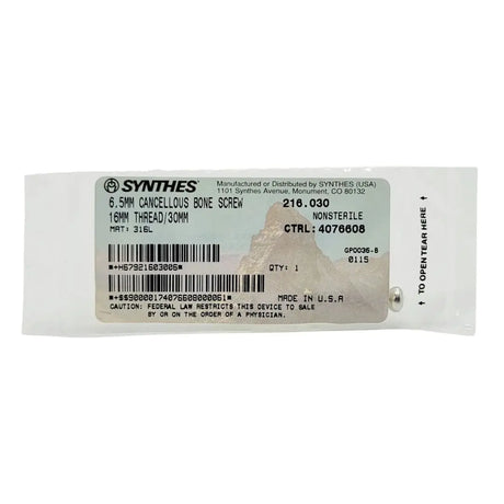 Synthes 216.030 6.5mm Cancellous Bone Screw 16mm Thread/30mm Synthes