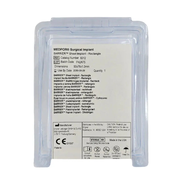 Stryker 8312 MEDPOR BARRIER Sheet Implant Rectangle 50x76x1.0mm Stryker