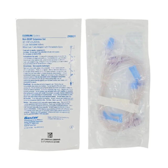 Baxter 2H8631 CLEARLINK System Non-DEHP Extension Set 42", 6.2mL 2 Luer Activated Valves Male Luer Lock Adapter w/ Retractable Collar 1/EA Baxter