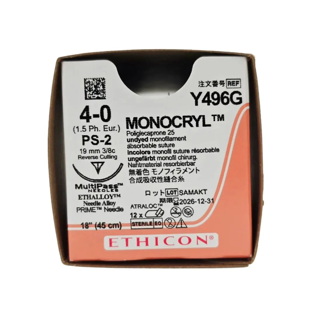 Ethicon Y496G 4-0 MONOCRYL Undyed 1X18" PS-2 19mm BX/12 FULL OPEN BOX Ethicon