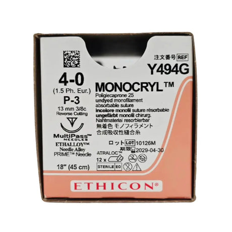 Ethicon Y494G 4-0 MONOCRYL Undyed 1X18" P-3 13mm BX/12 FULL OPEN BOX Ethicon