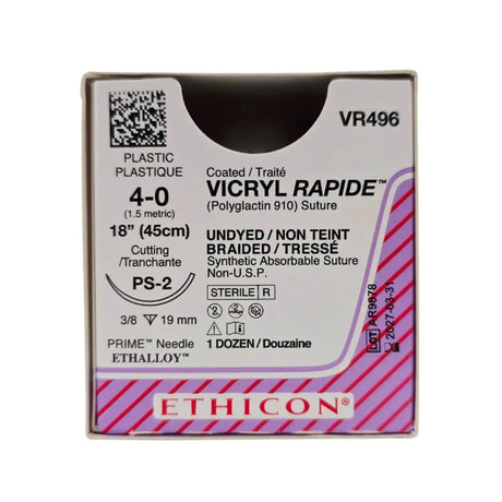Ethicon VR496 4-0 Coated VICRYL RAPIDE Undyed 1X18" PS-2 19mm BX/12 FULL OPEN BOX Ethicon