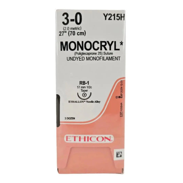 Ethicon Y215H MONOCRYL 3-0 Undyed 1X27" RB-1 17mm ETHALLOY BX/36 Ethicon