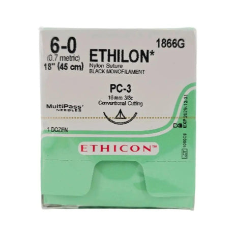 Ethicon 1866G ETHILON 6-0 Black 1X18" PC-3 16mm MultiPass Needles BX/12 Ethicon