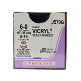 Ethicon J570G Coated VICRYL 6-0 Violet 1X18" S-14 8mm ETHALLOY Needle Alloy SABRELOC Spatula Needle BX/12 Ethicon