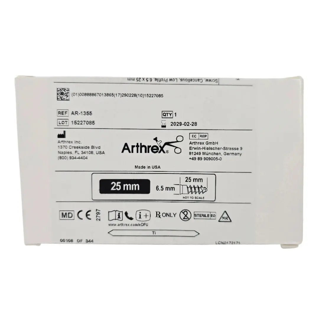 Arthrex AR-1355 Cancellous Screw Low Profile 6.5 x 25mm Titanium 1/EA Arthrex