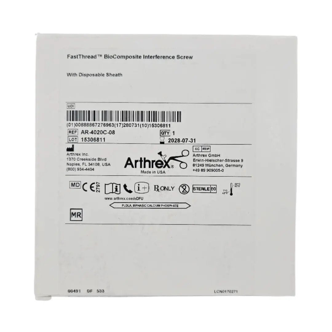 Arthrex AR-4020C-07 FastThread BioComposite Interference Screw w/ Disposable Sheath 7 x 20mm 1/EA Arthrex