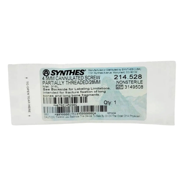 Synthes 214.528 4.5MM Cannulated Scew Partially Threaded 28mm Synthes