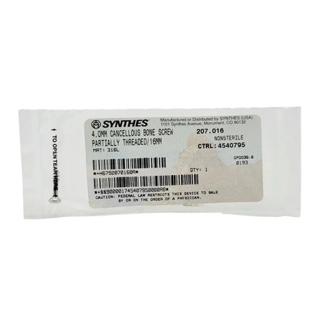 Synthes 207.016 4.0mm Cancellous Bone Screw Partially Threaded/16mm Synthes