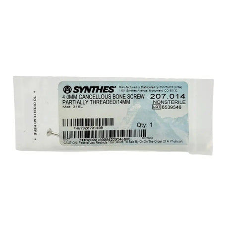 Synthes 207.014 4.0mm Cancellous Bone Screw Partially Threaded/14mm Synthes