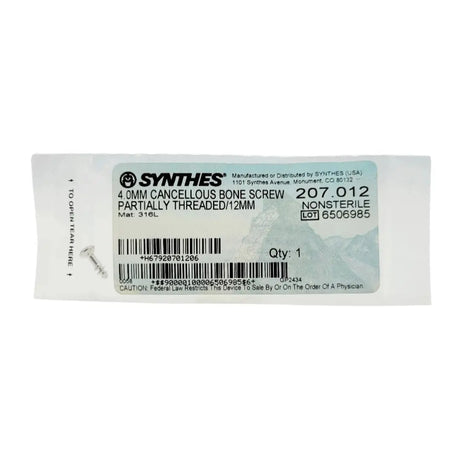 Synthes 207.012 4.0mm Cancellous Bone Screw Partially Threaded/12mm Synthes