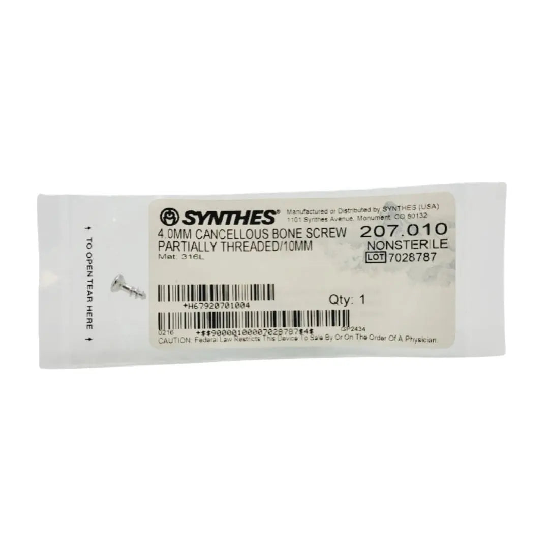Synthes 207.010 4.0mm Cancellous Bone Screw Partially Threaded/10mm Synthes