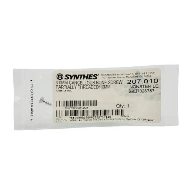 Synthes 207.010 4.0mm Cancellous Bone Screw Partially Threaded/10mm Synthes