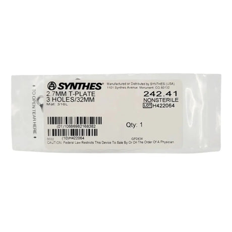Synthes 242.41 2.7mm T-plate 3 holes 32mm orthopedic hardware Synthes