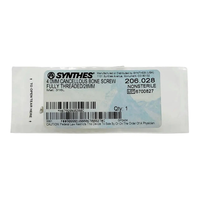 Synthes 206.028 4.0MM Cancellous Bone Screw Fully Threaded /28MM Synthes