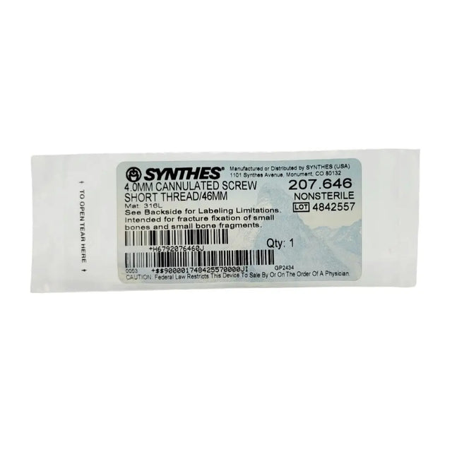 Synthes 207.646 4.0mm Cannulated Screw Short Thread/46mm Synthes