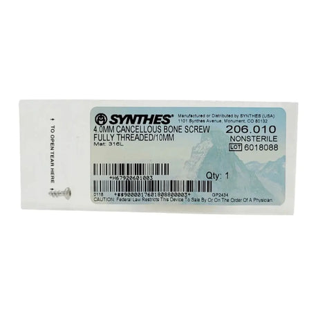 Synthes 206.010 4.0MM Cancellous Bone Screw Fully Threaded 10mm Synthes