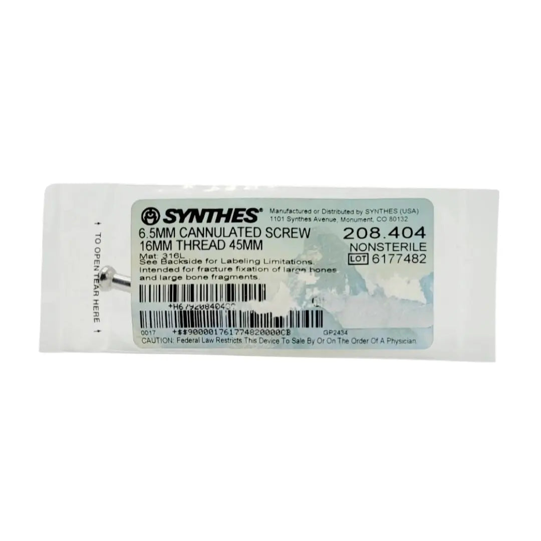 Synthes 208.404 6.5mm Cannulated Screw 16mm Thread 45mm Orthopedic Hardware Synthes