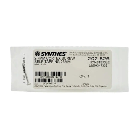 Synthes 202.826 2.7mm Cortex Screw Self-Tapping 26mm Orthopedic Hardware Synthes