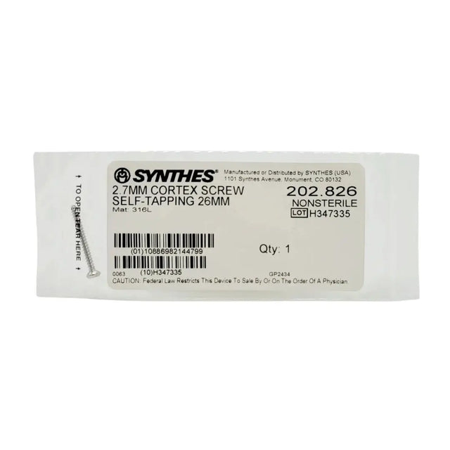 Synthes 202.826 2.7mm Cortex Screw Self-Tapping 26mm Orthopedic Hardware Synthes