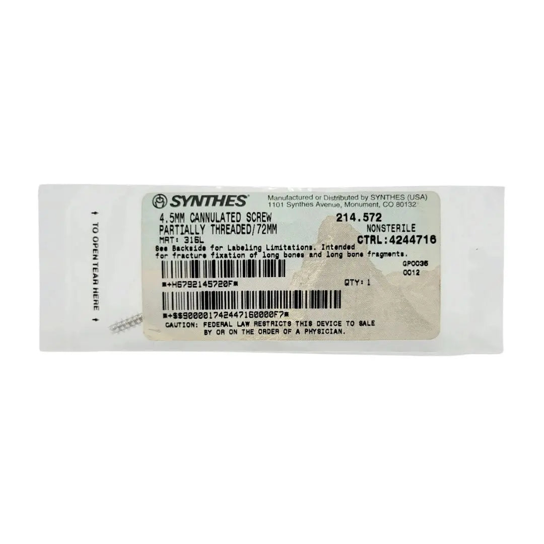Synthes 214.572 4.5mm Cannulated Screw Partially Threaded/72mm Synthes