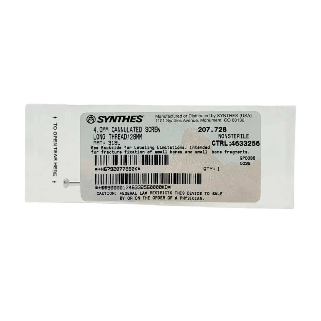 Synthes 207.728 4.0mm Cannulated Screw Long Thread/28mm Synthes
