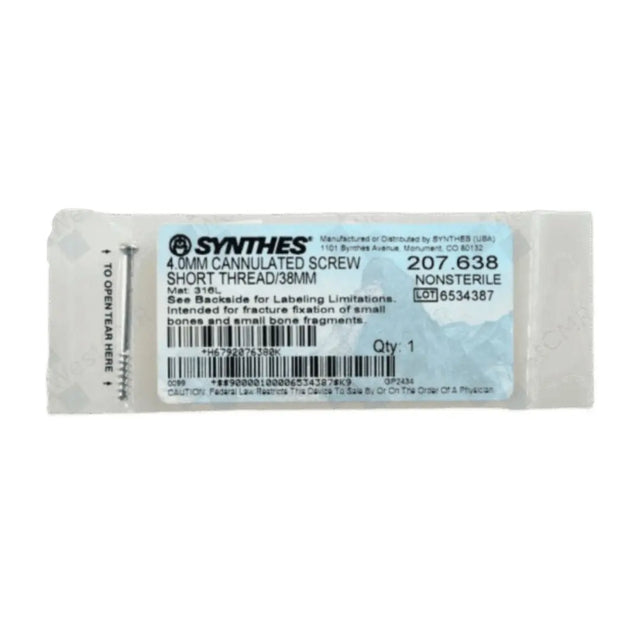 Synthes 207.638 4.0mm Cannulated Screw Short Thread/38mm Synthes